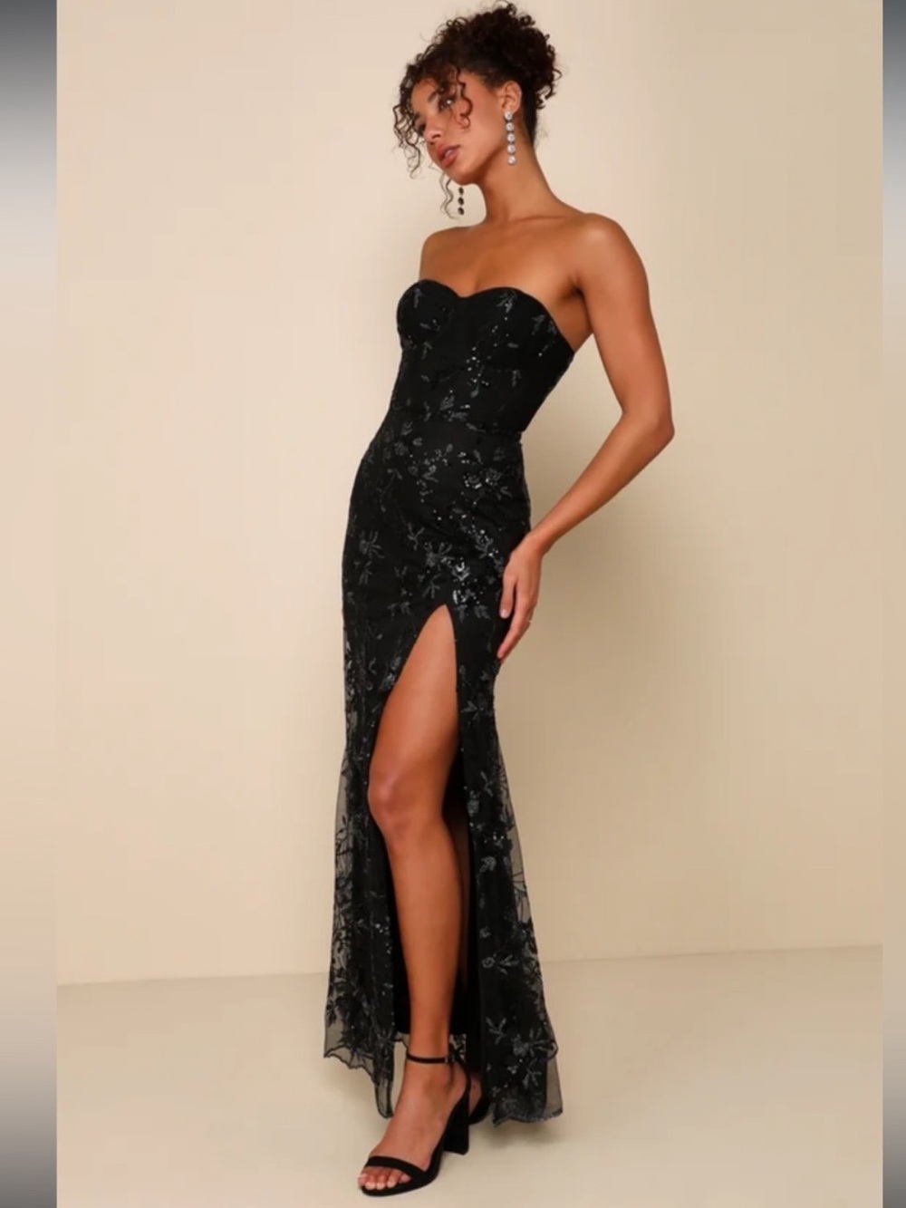 NWT-Confident Sensation Black Sequin Strapless Bustier Maxi Dress - Picture 2 of 15